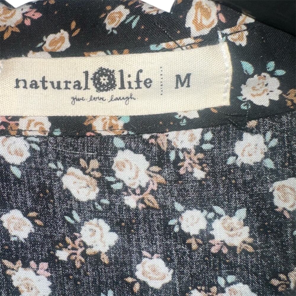 Natural Life Floral Midi Dress Medium Black Boho Tiered Button Front Rayon - Picture 4 of 8
